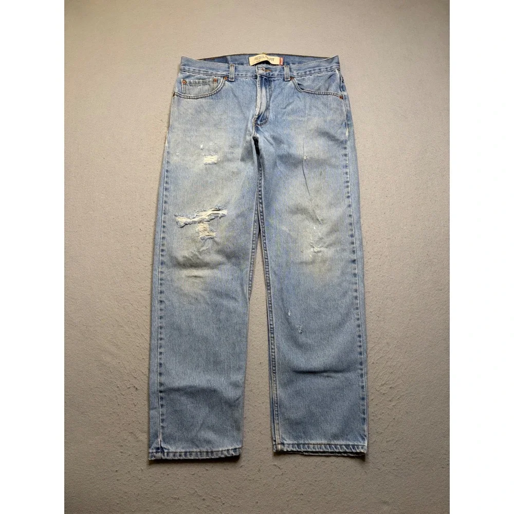 Levis 505 Jeans Mens 34x30 Light Wash Regular Fit Distressed Y2K Denim Pants